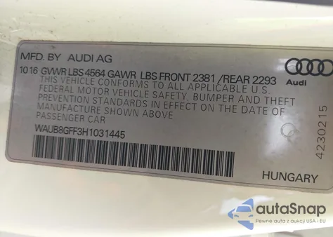 2017 Audi A3 2.0T Premium z USA, uszkodzony, nr VIN WAUB8GFF3H1031445